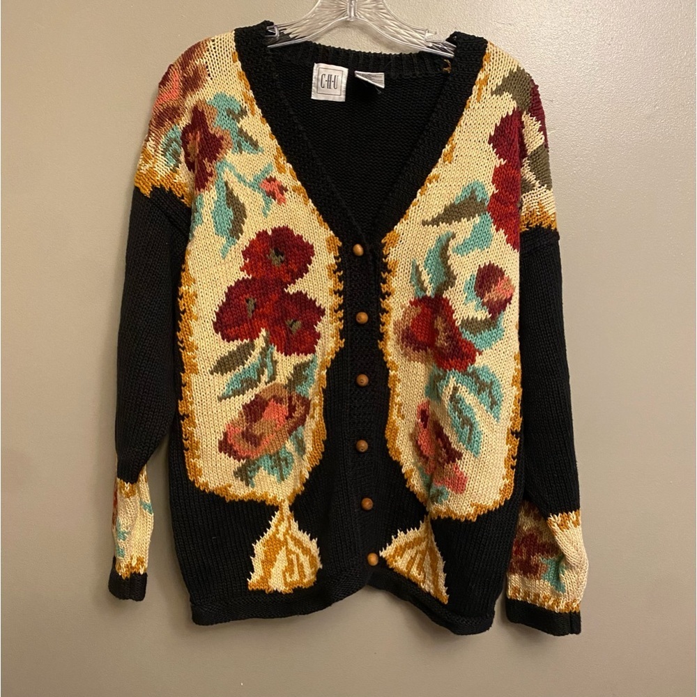 Vintage CHU Floral wooden Button Down Cardigan Sweater Size Large black 90s
